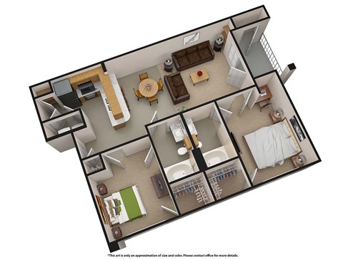 A 3D floor plan of a house with various rooms and furniture.